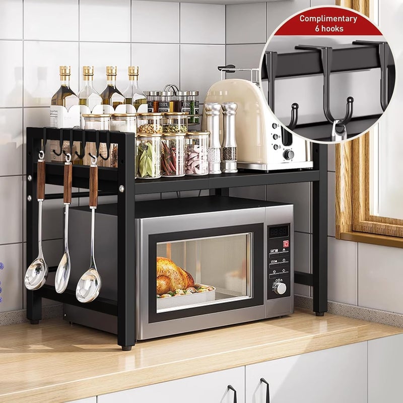 Expandable Microwave Oven Rack with 6 Hook, Kitchen Counter Organizer Shelf Stand, Adjustable Height and Length, Space-Saving Countertop Storage for Pots, 36cm Wide Black - Image 4