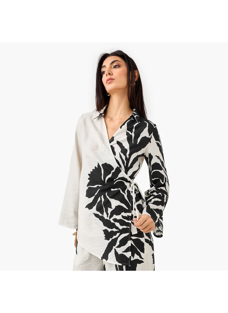 ايكونيك Iconic Floral Print Wrap Top with Tie Detail