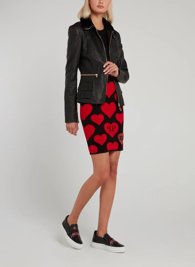 PHILIPP PLEIN Black Pleated Pocket Leather Jacket