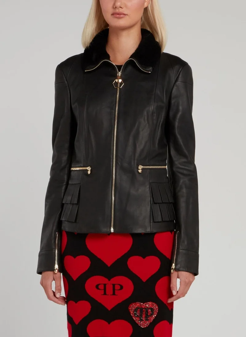 PHILIPP PLEIN Black Pleated Pocket Leather Jacket