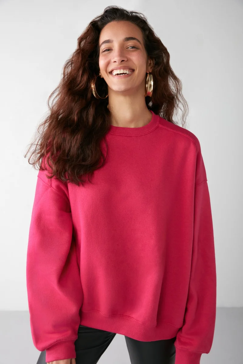 GRIMELANGE Vaneltina Women's Crew Neck Polar Fleece Oversize Fit Basic Pink Sweatshirt