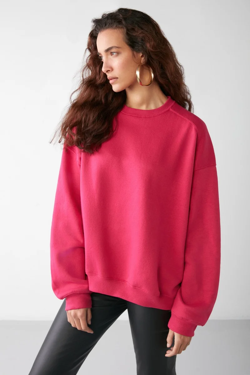 GRIMELANGE Vaneltina Women's Crew Neck Polar Fleece Oversize Fit Basic Pink Sweatshirt