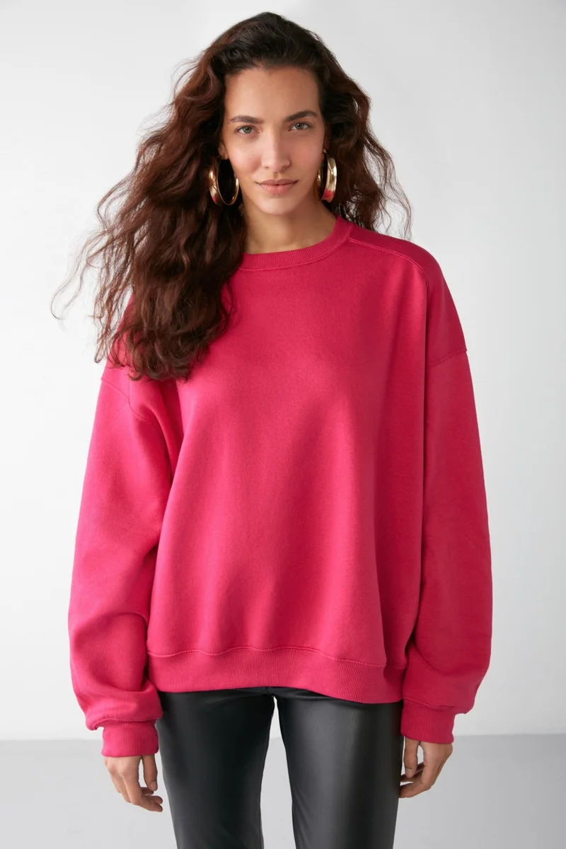 GRIMELANGE Vaneltina Women's Crew Neck Polar Fleece Oversize Fit Basic Pink Sweatshirt