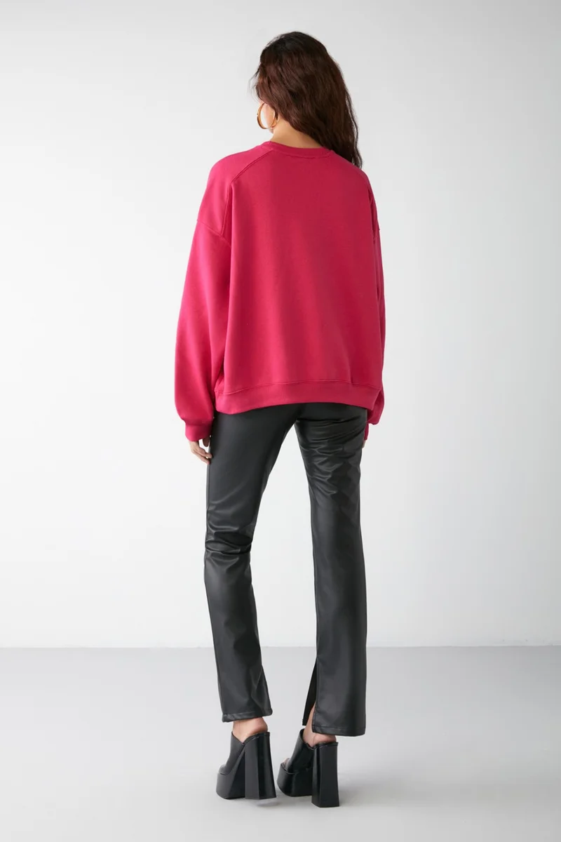 GRIMELANGE Vaneltina Women's Crew Neck Polar Fleece Oversize Fit Basic Pink Sweatshirt