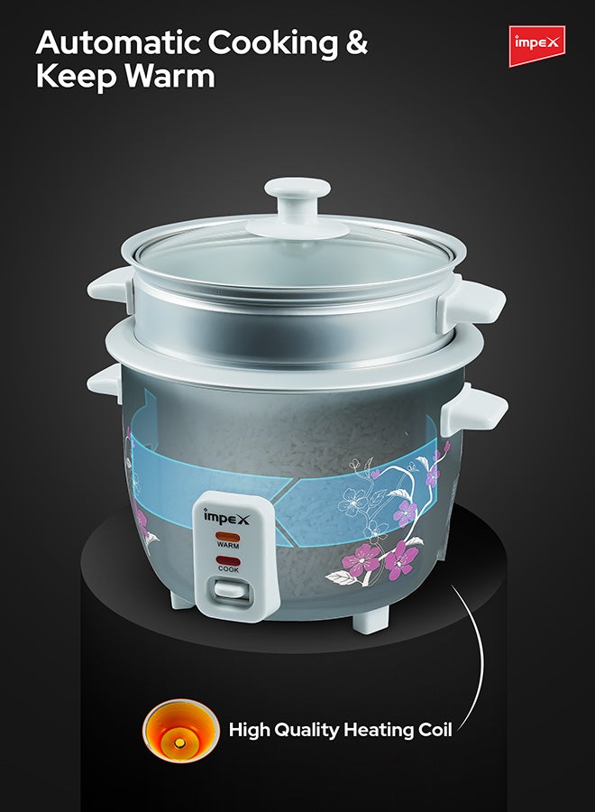 Impex 1L Electric Rice Cooker | 400W Automatic Cooker with Keep Warm Function | Steamer Function, Safety Protection, Cool Touch Body, Aluminium Inner Pot with Glass Lid, Measuring Cup & Spoon Included 1 L 400 W RC 2801 White/Pink/Grey - Image 4