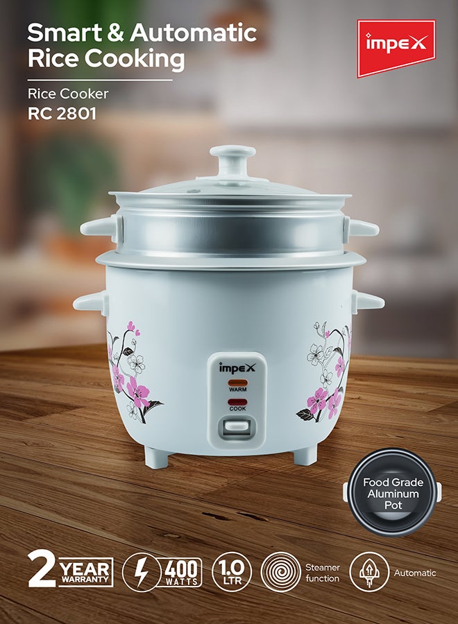 Impex 1L Electric Rice Cooker | 400W Automatic Cooker with Keep Warm Function | Steamer Function, Safety Protection, Cool Touch Body, Aluminium Inner Pot with Glass Lid, Measuring Cup & Spoon Included 1 L 400 W RC 2801 White/Pink/Grey - Image 2