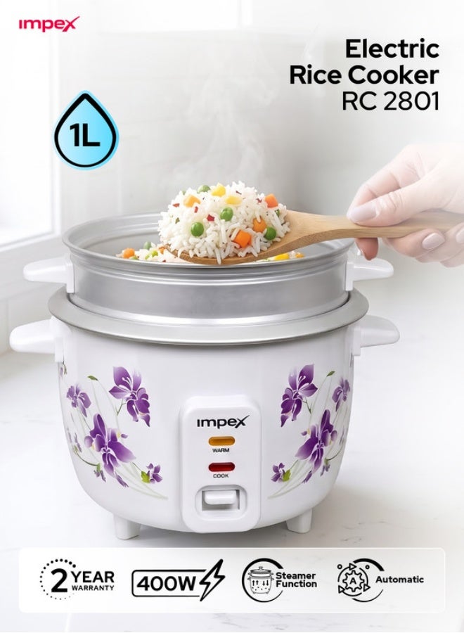 Impex 1L Electric Rice Cooker | 400W Automatic Cooker with Keep Warm Function | Steamer Function, Safety Protection, Cool Touch Body, Aluminium Inner Pot with Glass Lid, Measuring Cup & Spoon Included 1 L 400 W RC 2801 White/Pink/Grey - Image 3