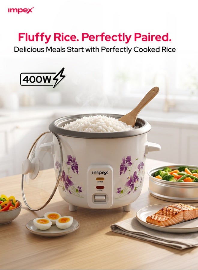 Impex 1L Electric Rice Cooker | 400W Automatic Cooker with Keep Warm Function | Steamer Function, Safety Protection, Cool Touch Body, Aluminium Inner Pot with Glass Lid, Measuring Cup & Spoon Included 1 L 400 W RC 2801 White/Pink/Grey - Image 4