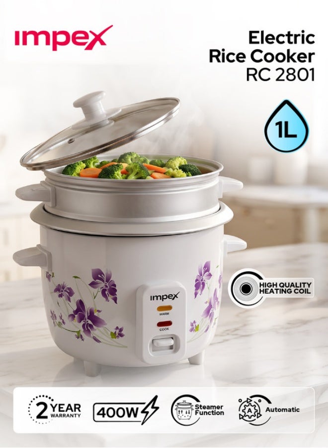 Impex 1L Electric Rice Cooker | 400W Automatic Cooker with Keep Warm Function | Steamer Function, Safety Protection, Cool Touch Body, Aluminium Inner Pot with Glass Lid, Measuring Cup & Spoon Included 1 L 400 W RC 2801 White/Pink/Grey - Image 1
