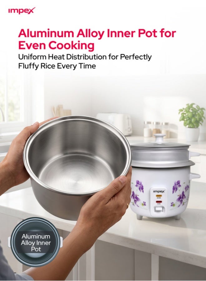 Impex 1L Electric Rice Cooker | 400W Automatic Cooker with Keep Warm Function | Steamer Function, Safety Protection, Cool Touch Body, Aluminium Inner Pot with Glass Lid, Measuring Cup & Spoon Included 1 L 400 W RC 2801 White/Pink/Grey - Image 5