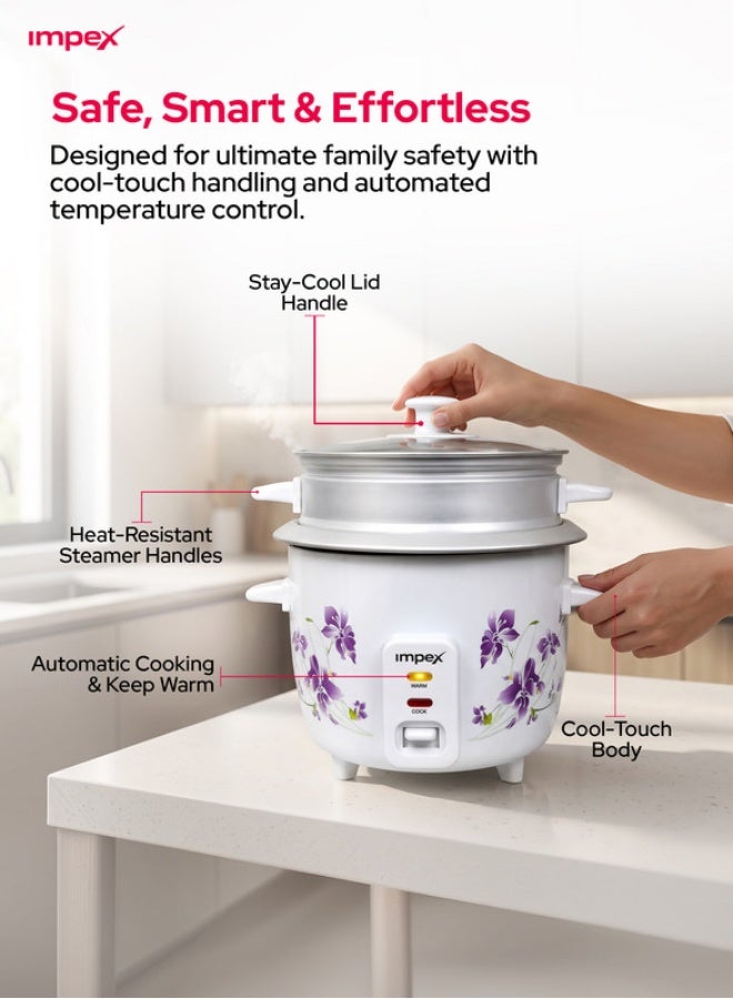 Impex 1L Electric Rice Cooker | 400W Automatic Cooker with Keep Warm Function | Steamer Function, Safety Protection, Cool Touch Body, Aluminium Inner Pot with Glass Lid, Measuring Cup & Spoon Included 1 L 400 W RC 2801 White/Pink/Grey - Image 2