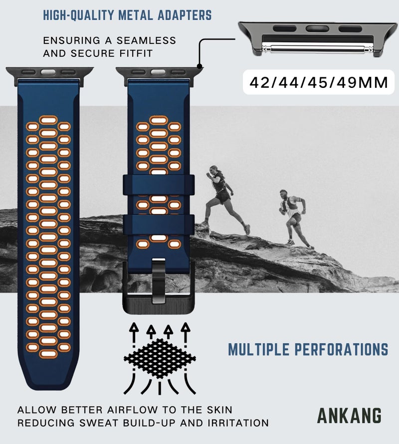 ANKANG Sport Band for Apple Watch Ultra 2 49mm 45mm 44mm 42mm Breathable Rubber Strap for iWatch SE 1 2 Series 4 5 6 7 8 9 for men women Blue_Orange - Image 3