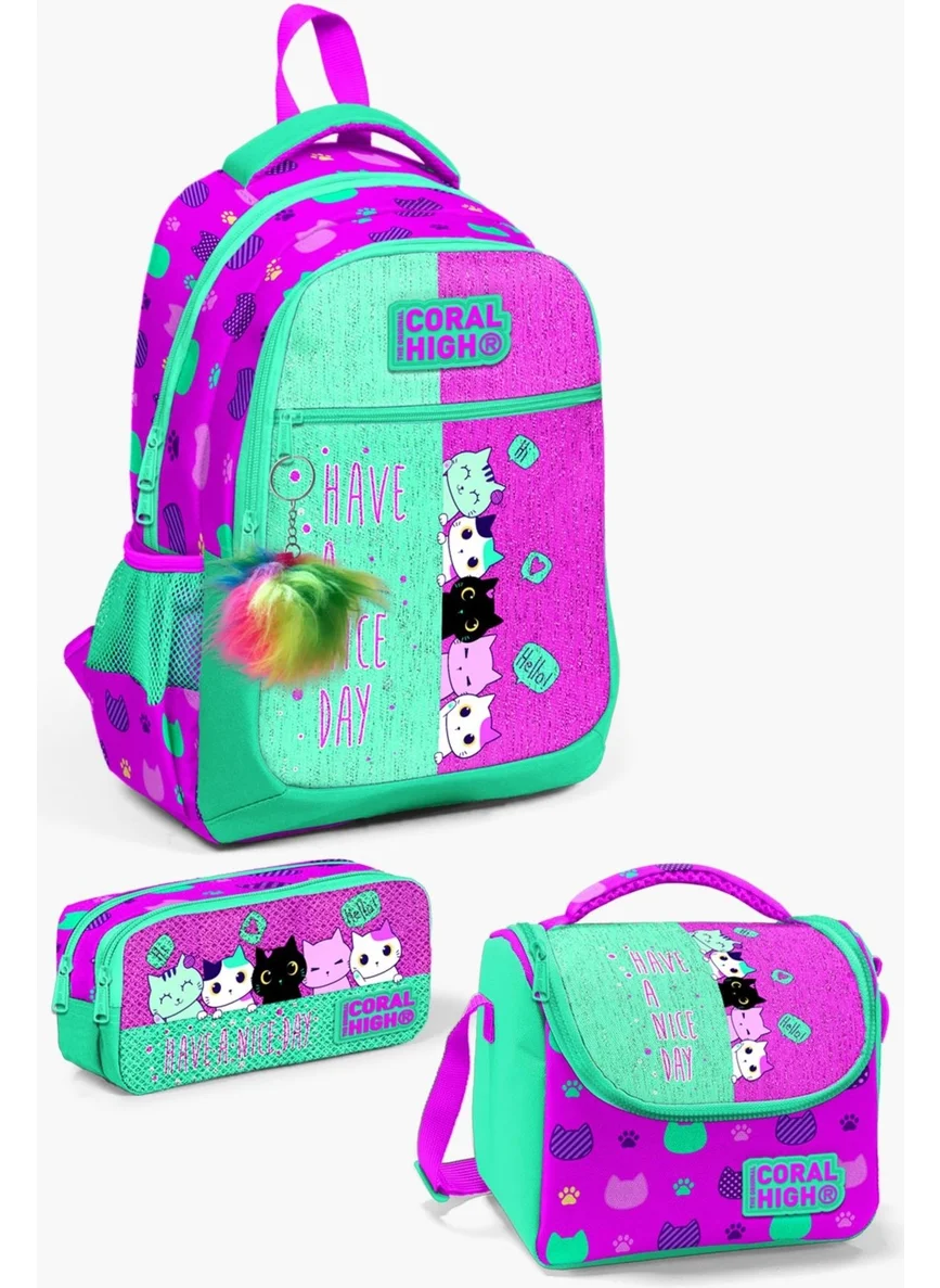 كورال هاي Kids Pink Water Green Cat Patterned 3-Piece School Bag Set SET0123490