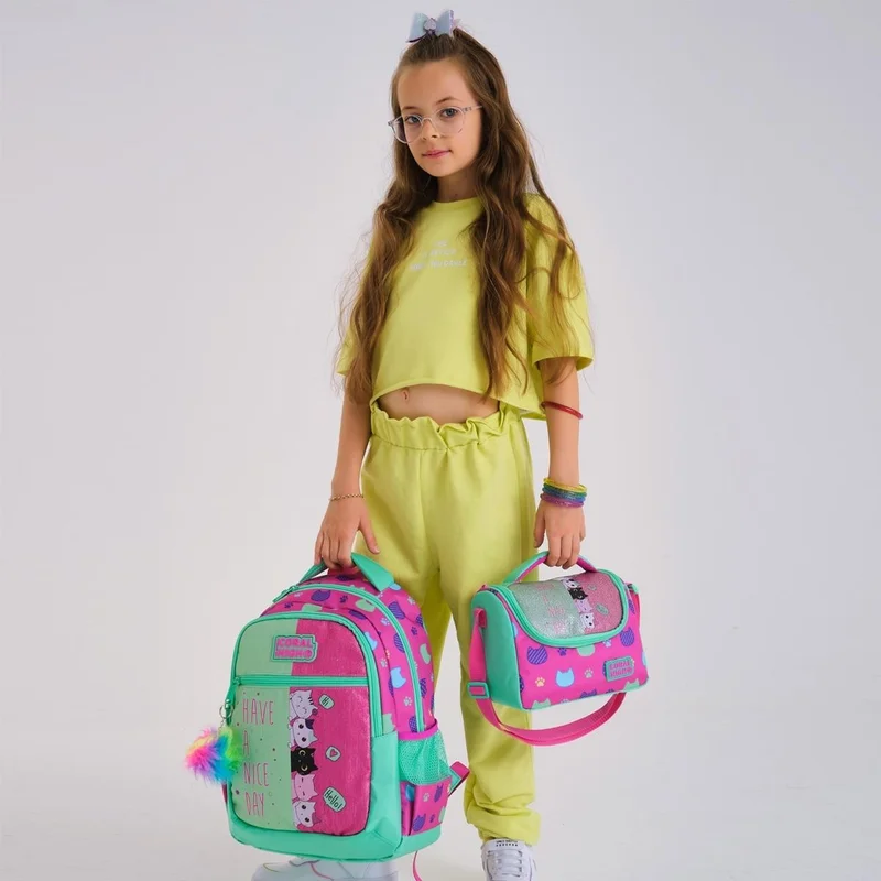 CORAL HIGH Kids Pink Water Green Cat Patterned 3-Piece School Bag Set SET0123490