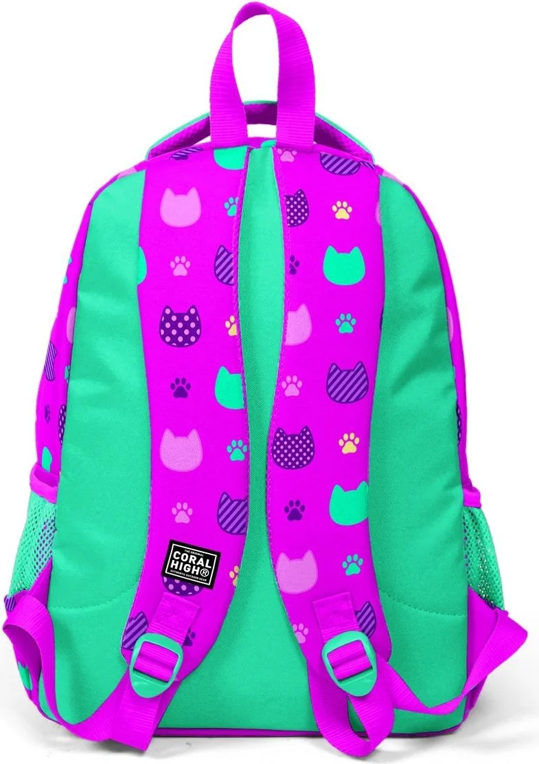 CORAL HIGH Kids Pink Water Green Cat Patterned 3-Piece School Bag Set SET0123490