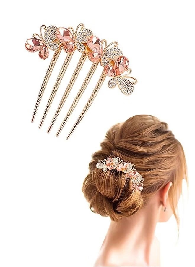 Rhinestones Butterfly Hair Clip Side Combs, Crystals Smooth Rust Proof Alloy Hair Fork Clip for Updo Bun, Vintage Decorative Hair Combs Teeth Hair Pin Hair Styling Accessories (Golden) - Image 1