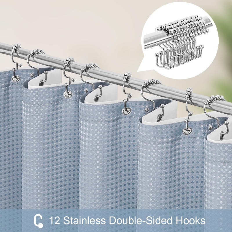 Craidlela 3 in 1 Shower Curtain Set, Fog Blue Waffle Shower Curtain and PEVA Liner Set with 12 Stainless Steel Shower Curtain Hooks, Waterproof Fabric Shower Curtains for Bathroom, 72 W x 72 H - Image 3