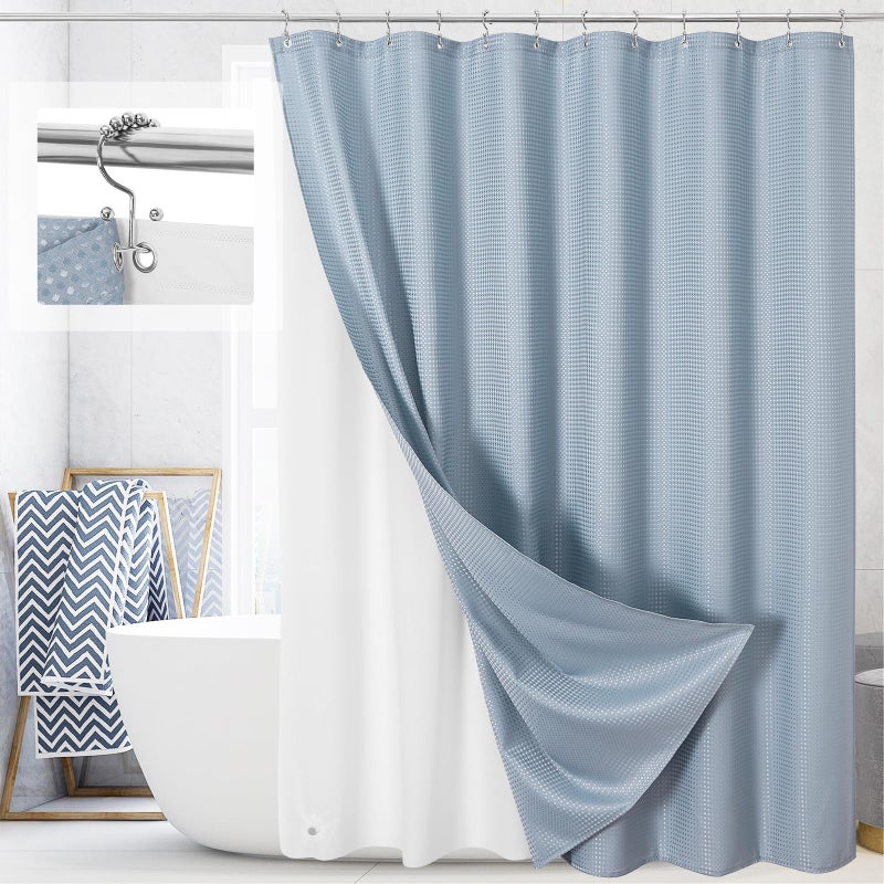 Craidlela 3 in 1 Shower Curtain Set, Fog Blue Waffle Shower Curtain and PEVA Liner Set with 12 Stainless Steel Shower Curtain Hooks, Waterproof Fabric Shower Curtains for Bathroom, 72 W x 72 H - Image 1