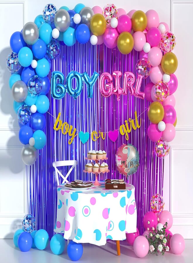 Gender Reveal Decorations Boy or Girl Banner Foil Balloons Pink and Blue Rose Red White Gold Silver Latex Confetti Balloon Garland Metallic Fringe Backdrop for Baby Gender Reveal Ideas Party Supplies