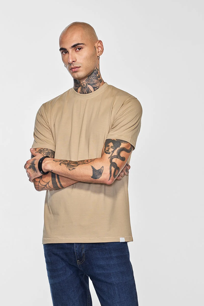 SNITCH Core Lab Beige Solid Slim Fit T-Shirt