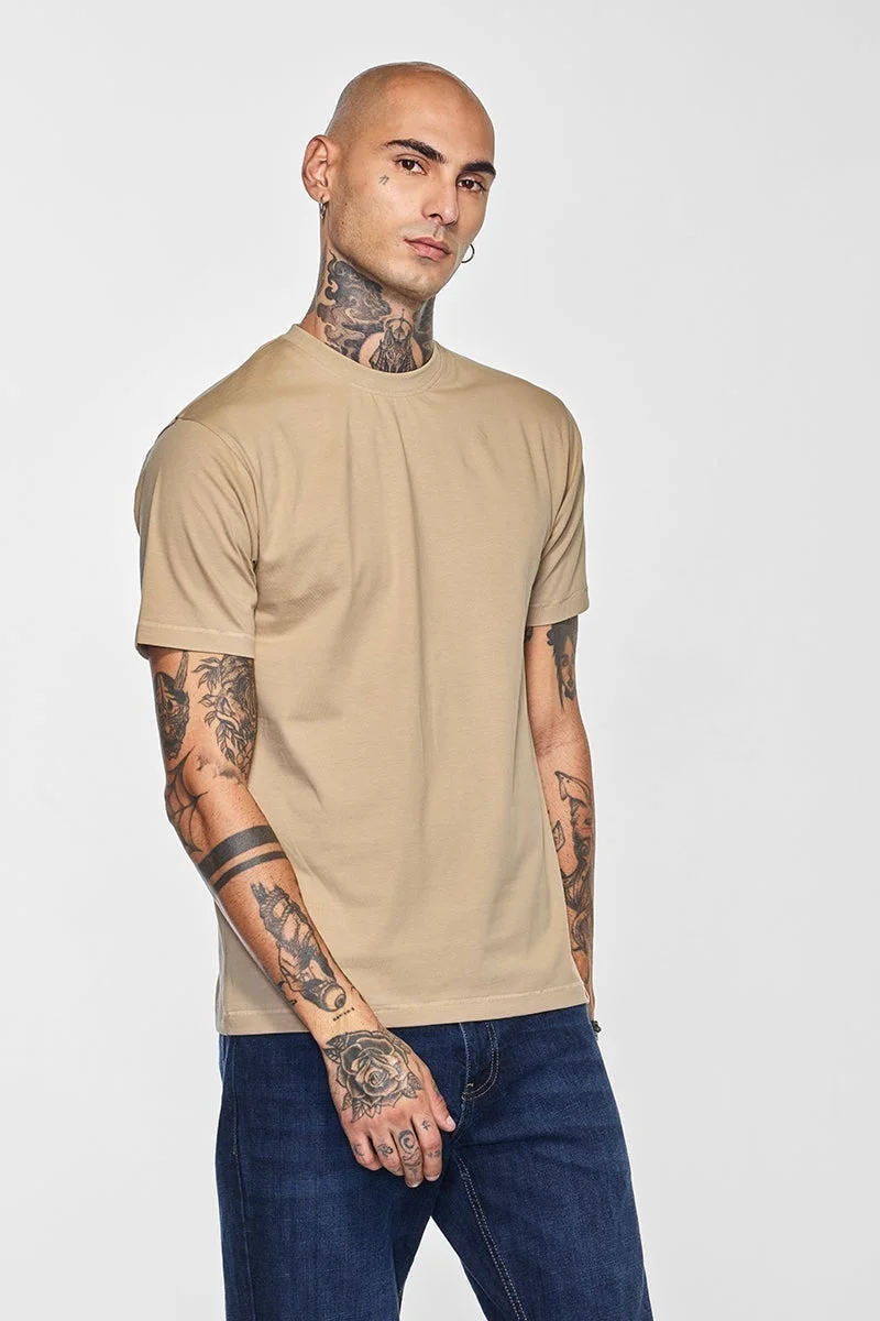 SNITCH Core Lab Beige Solid Slim Fit T-Shirt
