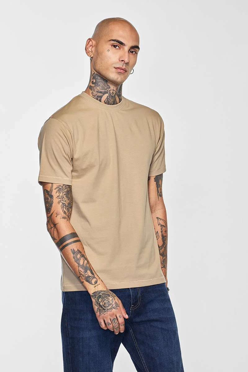 SNITCH Beige Core Lab Beige Solid Slim Fit T-Shirt for Men | Best Price UAE