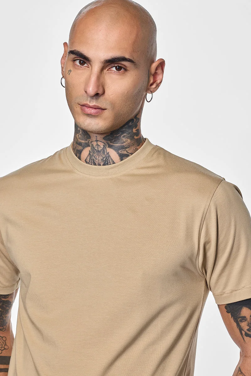 SNITCH Beige Core Lab Beige Solid Slim Fit T-Shirt for Men | Best Price UAE