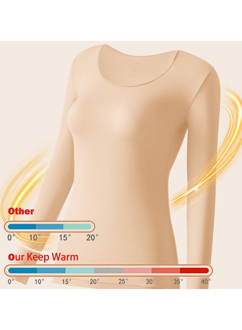 TAPIT Thermal Underwear Women Ultra-Soft Long Johns Set Ultra Thin Base Layer Skiing Winter Warm Top & Bottom Cold Weather Base Layer Top and Leggings Bottom (Beige) - Image 5