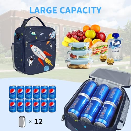 Clastyle Insulated Boy Planet Lunch Box Dark Blue Space Rocket School Lunch Bag for Kids Large Portable Lunch Cooler Bag for Outdoor Picnic - Image 3