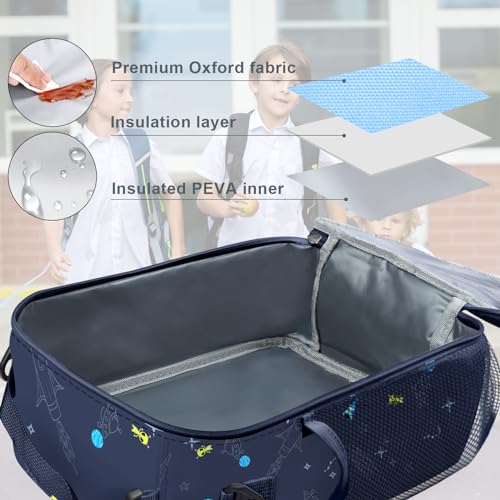 Clastyle Insulated Boy Planet Lunch Box Dark Blue Space Rocket School Lunch Bag for Kids Large Portable Lunch Cooler Bag for Outdoor Picnic - Image 5