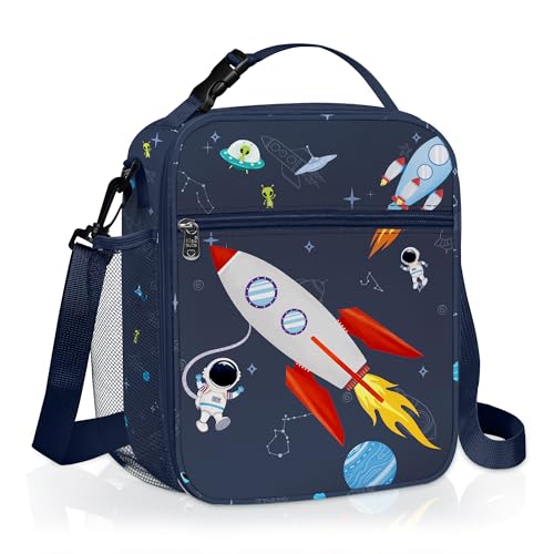 Clastyle Insulated Boy Planet Lunch Box Dark Blue Space Rocket School Lunch Bag for Kids Large Portable Lunch Cooler Bag for Outdoor Picnic - Image 1