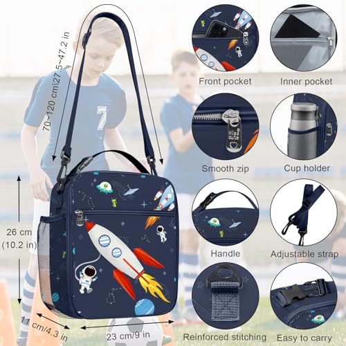 Clastyle Insulated Boy Planet Lunch Box Dark Blue Space Rocket School Lunch Bag for Kids Large Portable Lunch Cooler Bag for Outdoor Picnic - Image 4