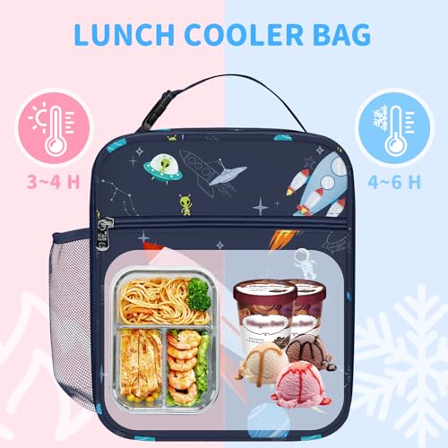 Clastyle Insulated Boy Planet Lunch Box Dark Blue Space Rocket School Lunch Bag for Kids Large Portable Lunch Cooler Bag for Outdoor Picnic - Image 2