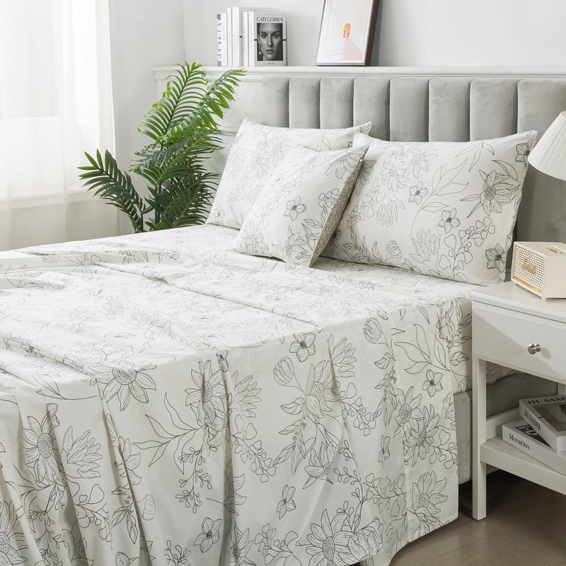 FADFAY Black and White Sheets Set Twin Vintage Sunflower Bedding Shabby White Floral Sheets Elegant Farmhouse Floral Bedding 100% Cotton Soft Bedding with Deep Pocket Fitted Sheet 4Pcs  Twin Size - Image 2