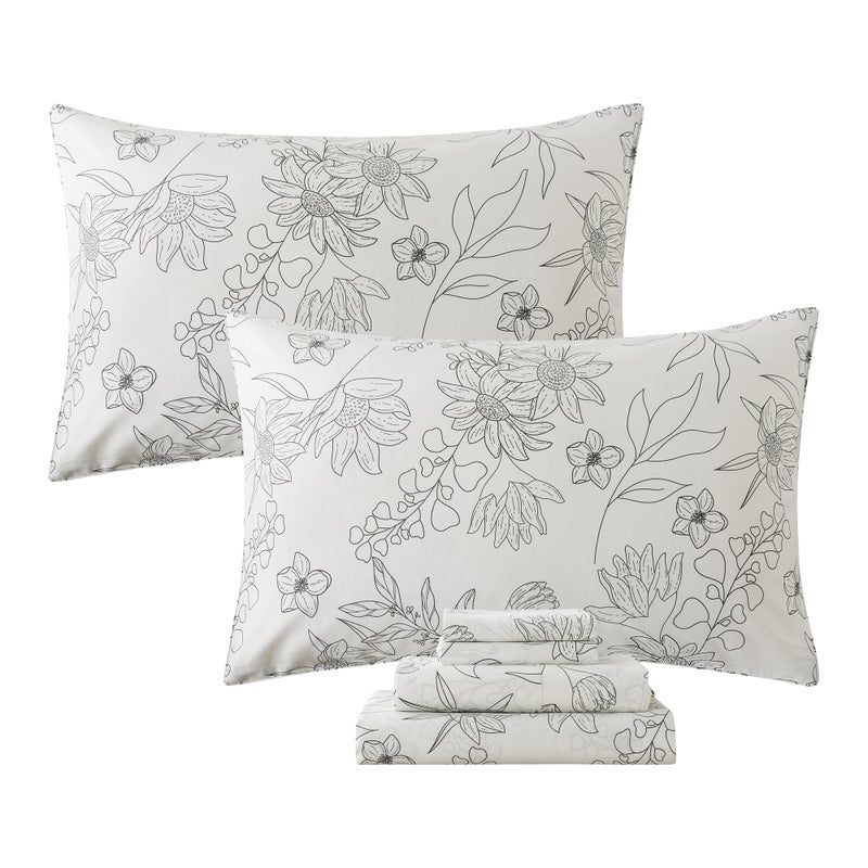 FADFAY Black and White Sheets Set Twin Vintage Sunflower Bedding Shabby White Floral Sheets Elegant Farmhouse Floral Bedding 100% Cotton Soft Bedding with Deep Pocket Fitted Sheet 4Pcs  Twin Size - Image 1