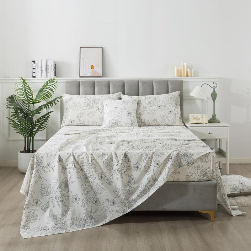 FADFAY Black and White Sheets Set Twin Vintage Sunflower Bedding Shabby White Floral Sheets Elegant Farmhouse Floral Bedding 100% Cotton Soft Bedding with Deep Pocket Fitted Sheet 4Pcs  Twin Size - Image 3