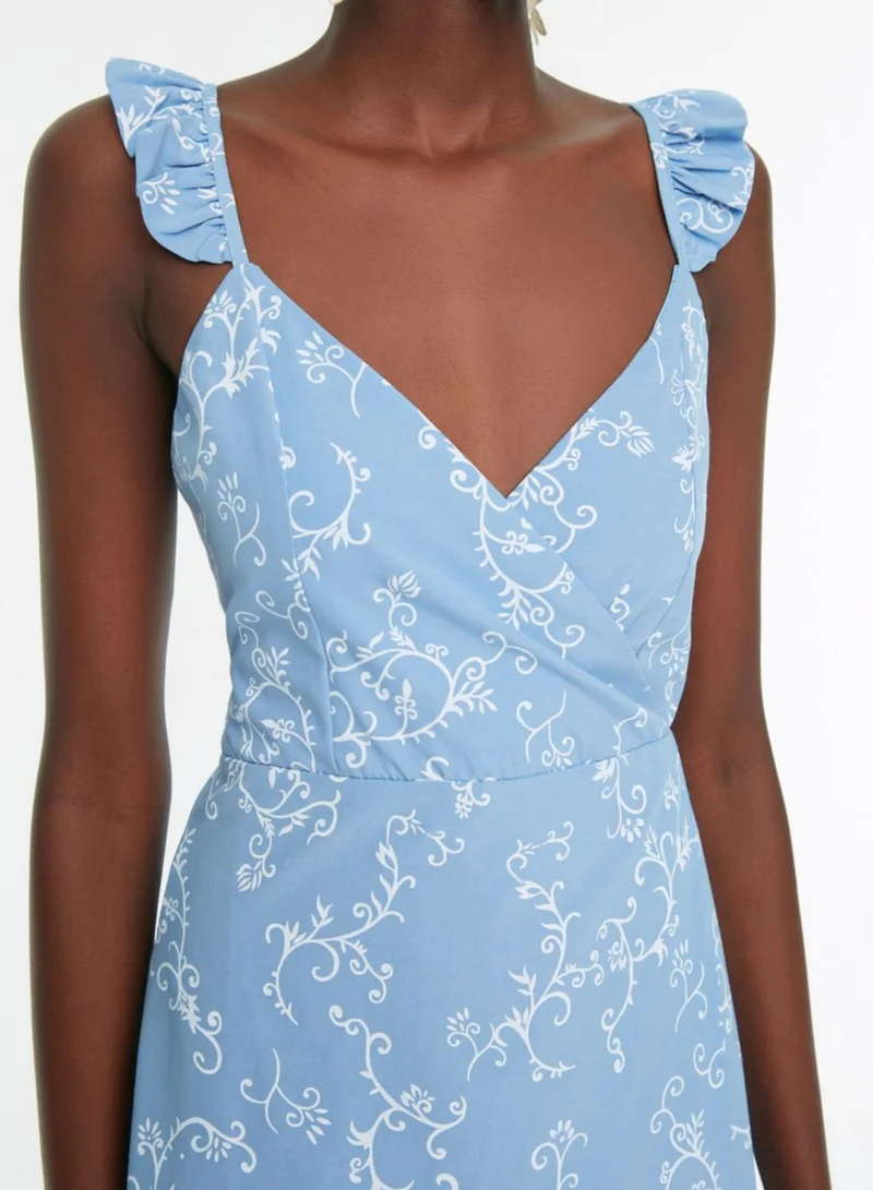 trendyol Plunge Neck Printed Ruffle Detail Dress