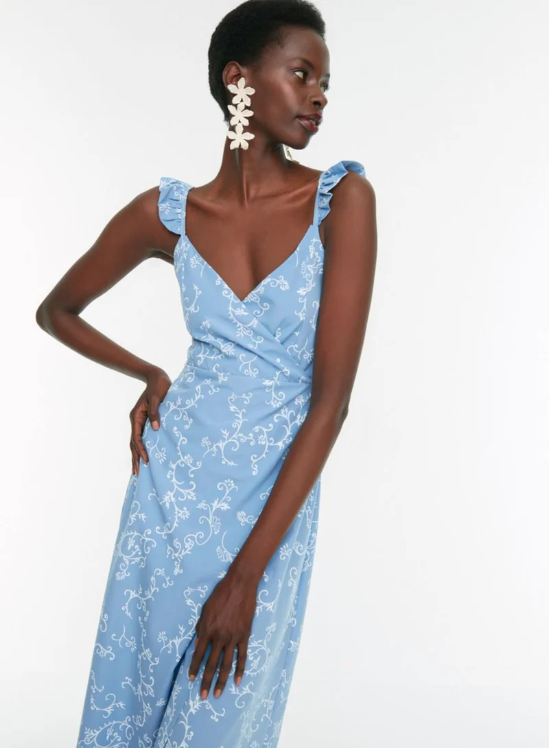 trendyol Plunge Neck Printed Ruffle Detail Dress