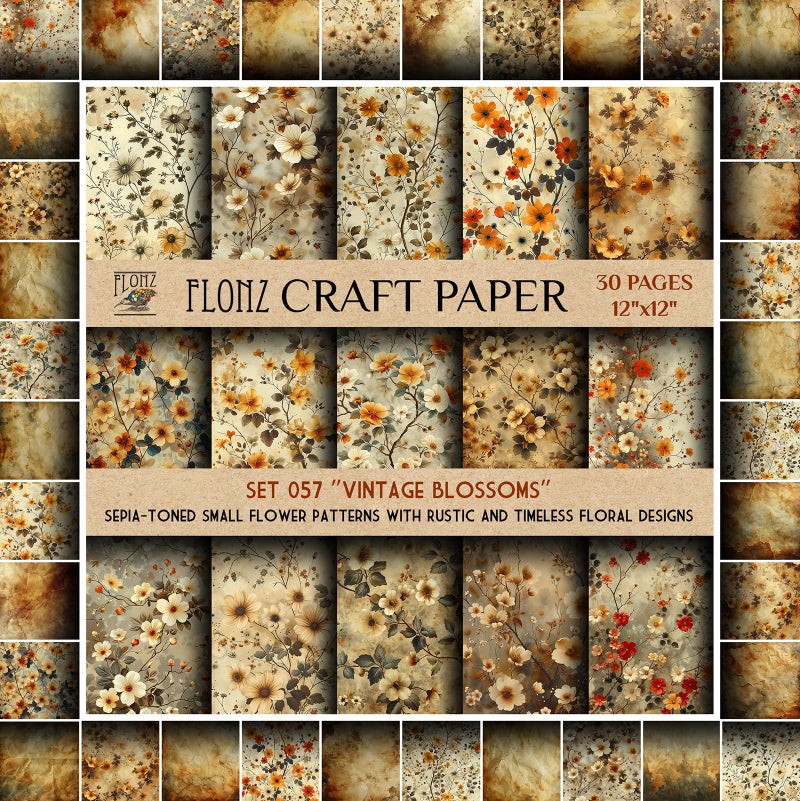 Scrapbook Paper (30 Pages 12"x12") Vintage Blossoms: Sepia-Toned Small Flower Patterns with Rustic and Timeless Floral Designs FLONZ Vintage Styled Double Sided Paper Pad for Craft Cardmaking