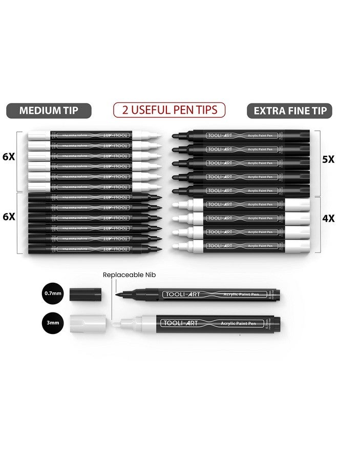 TOOLI-ART Black And White Acrylic Paint Markers Paint Pens Set For Rock Painting Canvas Mugs Metal Glass Paint Fabric Wood Diy. Non Toxic Quick Drywaterbas (Extra Fine & Medium) - Image 4