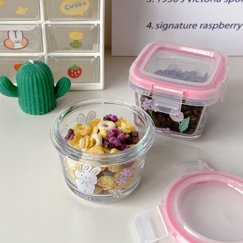 yaocoral 2 Pack 4 OZ Mini Glass Food Storage Containers with Lids Square Round PinkPurple Food Jars Small Glass Container for Food Portion Sauce Snack Yogurt Dressing Airtight Freezer Microwave Safe - Image 2