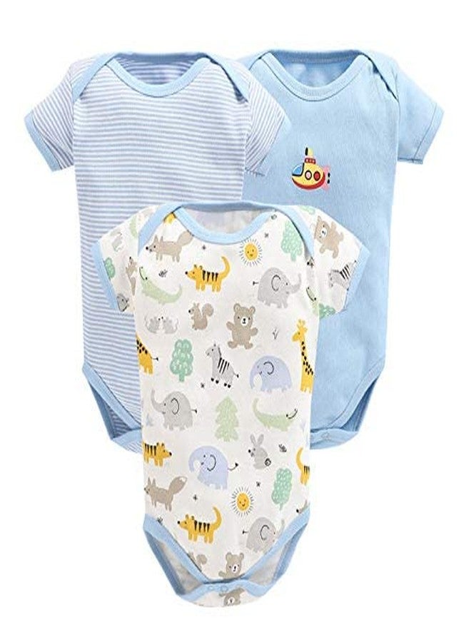 TiniBerry Cotton Baby Bodysuit Short Sleeve Half Romper Pack of 3 Soft & Comfortable for Kids (6-9 Months, Light Blue) - Image 1