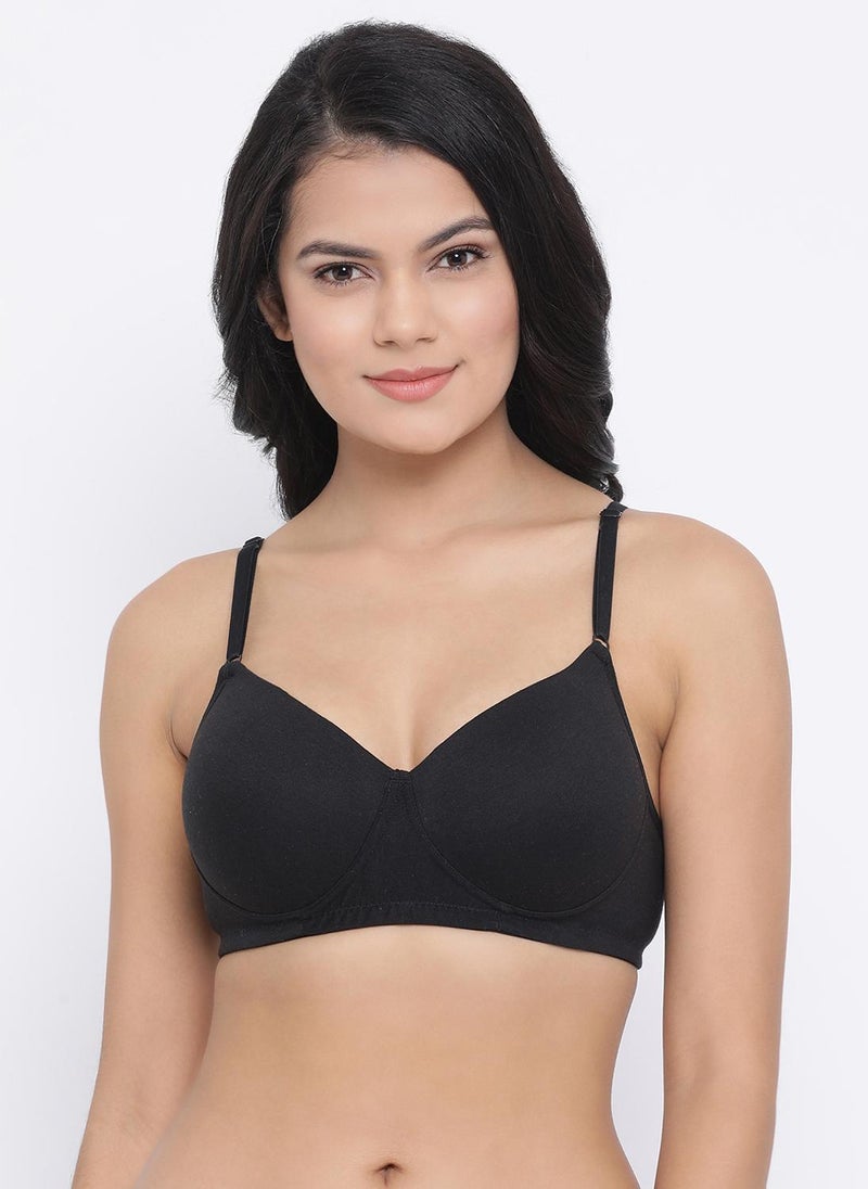 Clovia Padded Non-Wired Full Coverage T-Shirt Bra in Black - Cotton Rich - Image 1