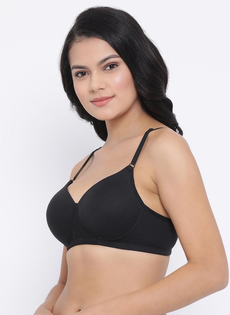 Clovia Padded Non-Wired Full Coverage T-Shirt Bra in Black - Cotton Rich - Image 3