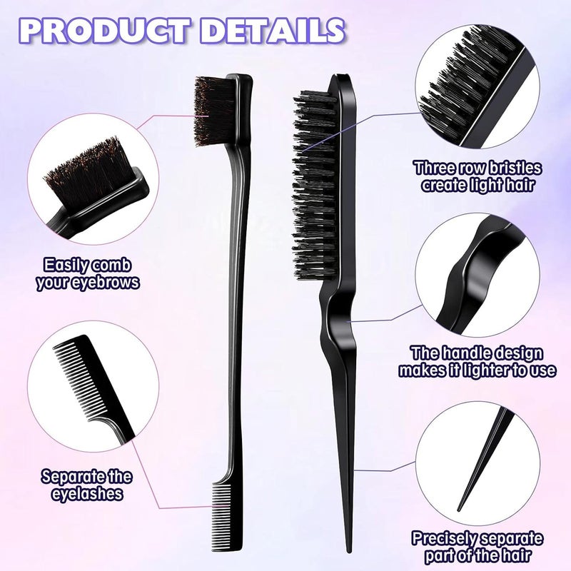 Street27 طقم فرشاة شعر Slick Back من Street27 مكون من 5 قطع مع 2 أداة Topsy Tail لتصفيف الشعر وفرشاة شعر برستلة وفرشاة حواف ومشط ذيل الجرذ للنساء والفتيات لتصفيف الشعر والتخلص من الشعر الطائر باللون الأسود - Image 2