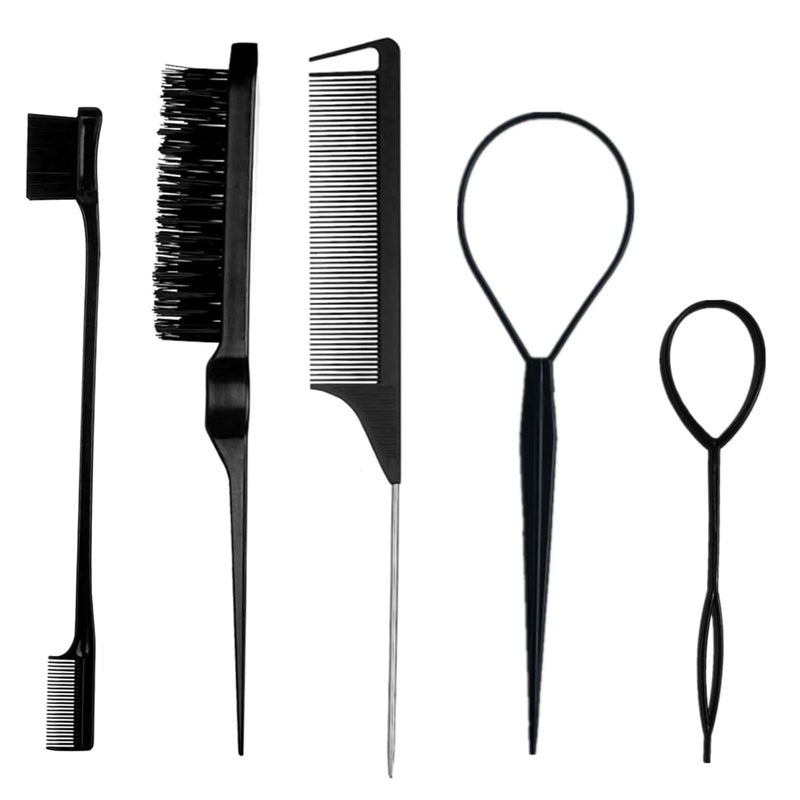 Street27 طقم فرشاة شعر Slick Back من Street27 مكون من 5 قطع مع 2 أداة Topsy Tail لتصفيف الشعر وفرشاة شعر برستلة وفرشاة حواف ومشط ذيل الجرذ للنساء والفتيات لتصفيف الشعر والتخلص من الشعر الطائر باللون الأسود - Image 1