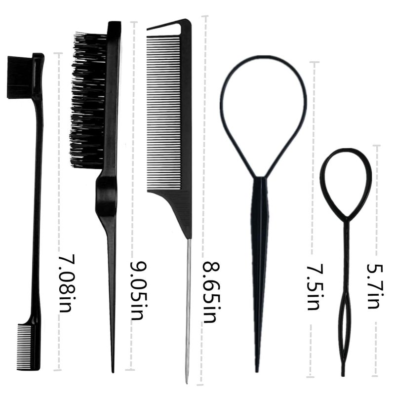 Street27 طقم فرشاة شعر Slick Back من Street27 مكون من 5 قطع مع 2 أداة Topsy Tail لتصفيف الشعر وفرشاة شعر برستلة وفرشاة حواف ومشط ذيل الجرذ للنساء والفتيات لتصفيف الشعر والتخلص من الشعر الطائر باللون الأسود - Image 5
