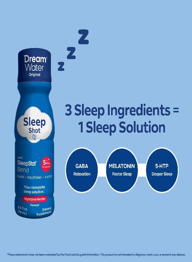 Dream Water Sleep Aid Supplement Drink; Melatonin 5mg, GABA, 5-HTP; Zero Sugar, Natural Flavors, No Added Colors, 2.5 oz Liquid Sleep Shots, Nighttime Nectar, 12-Count - Image 3