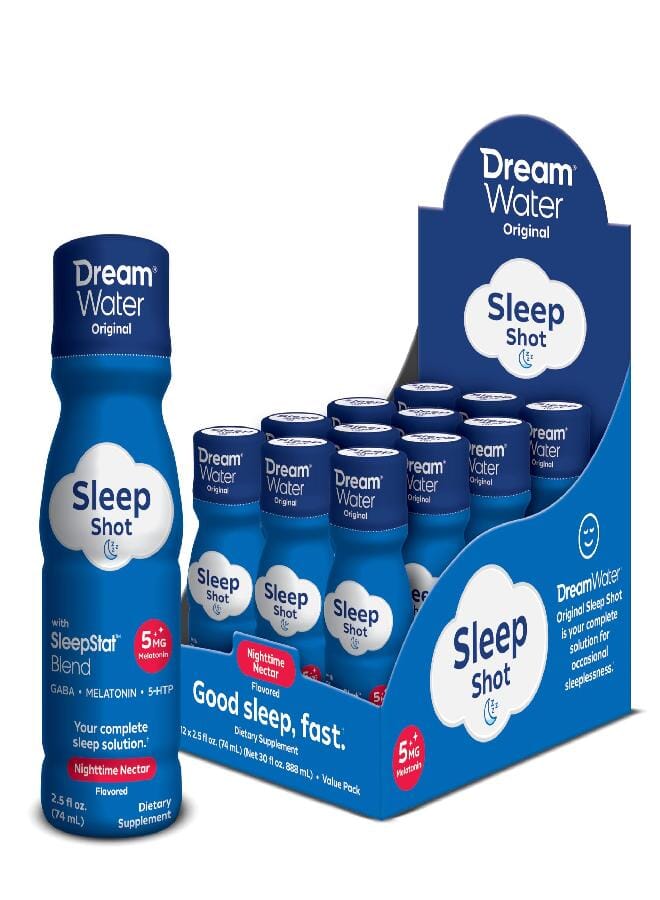 Dream Water Sleep Aid Supplement Drink; Melatonin 5mg, GABA, 5-HTP; Zero Sugar, Natural Flavors, No Added Colors, 2.5 oz Liquid Sleep Shots, Nighttime Nectar, 12-Count - Image 1