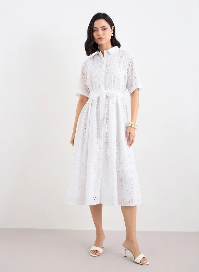 Styli Styli Women White Schiffli Shirt Midi Dress with Tie Belt
